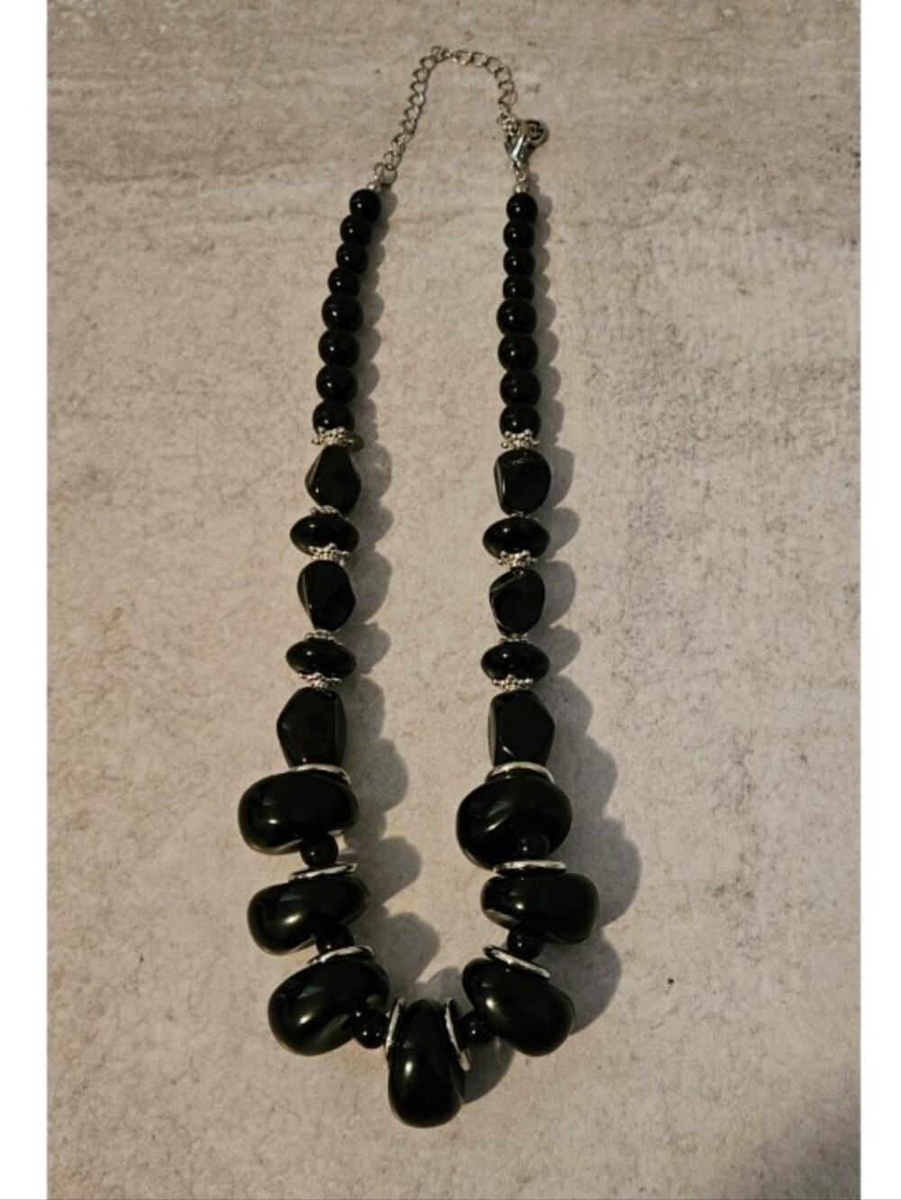 Black Beaded Statement Necklace Chunky Silver Accents Cato